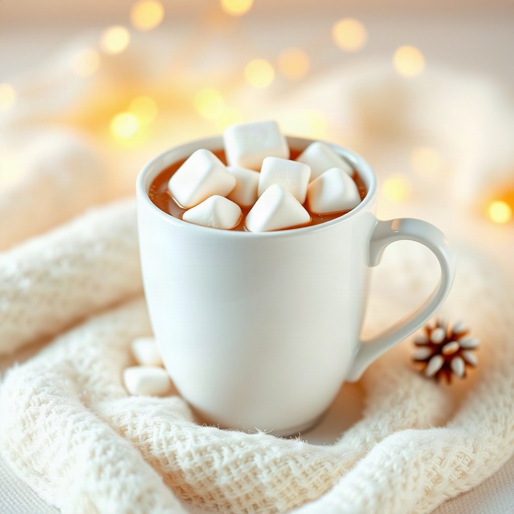 christmas pfp — mug of cocoa with marshmallows, soft 3d render, warm gold and cream