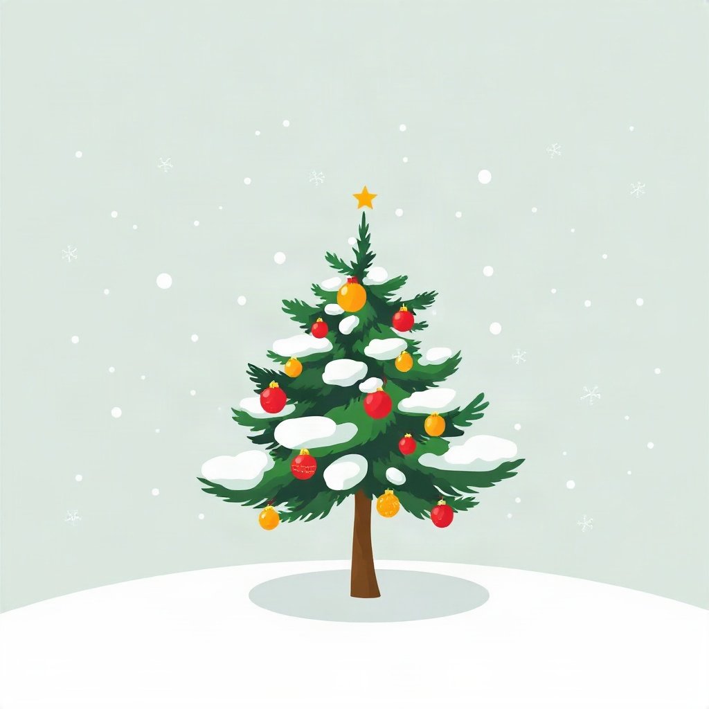 christmas pfp — tiny decorated tree in snow, flat festive cartoon, classic red and green