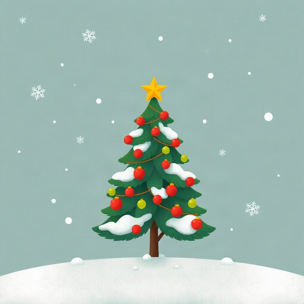 christmas pfp — tiny decorated tree in snow, flat festive cartoon, classic red and green