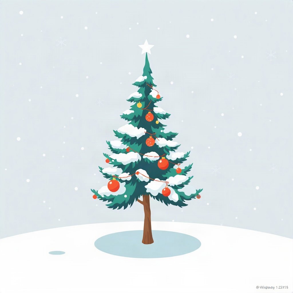 christmas pfp — tiny decorated tree in snow, flat festive cartoon, icy blue and silver