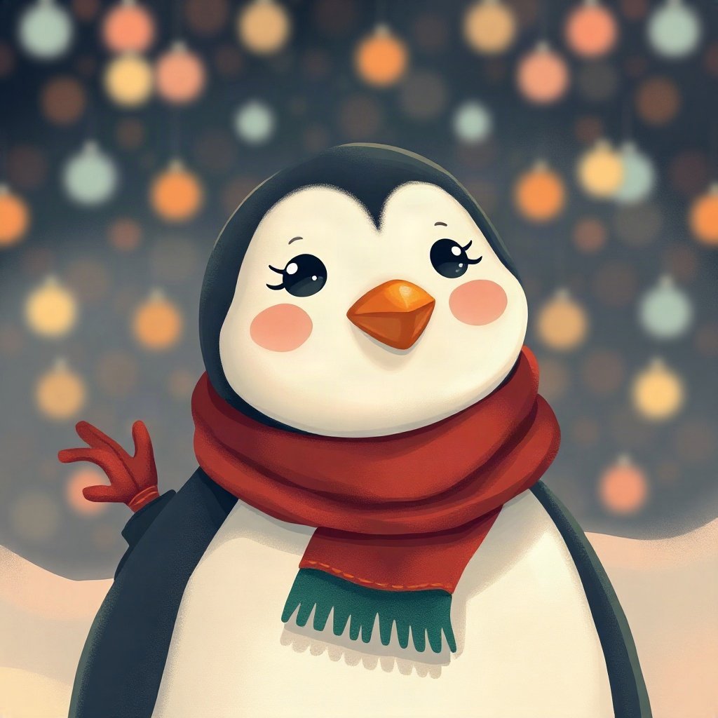 christmas pfp — cozy penguin in a scarf, warm digital painting, pastel candy christmas palette