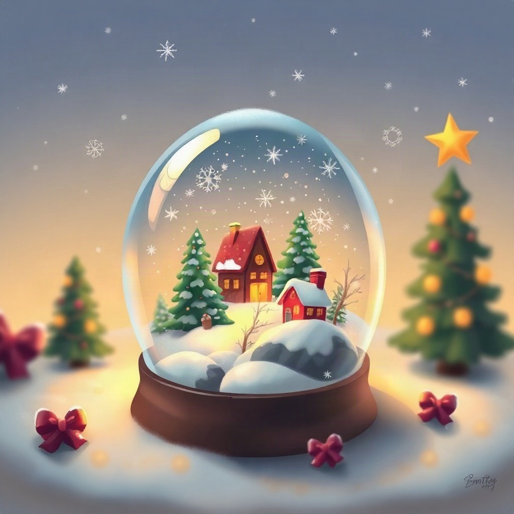christmas pfp — snow globe with tiny village, warm digital painting, pastel candy christmas palette