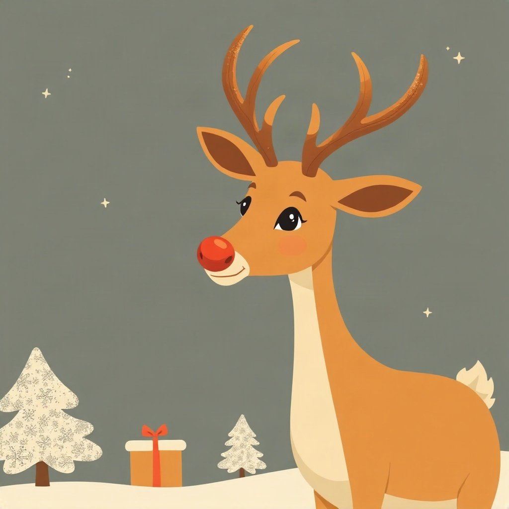 christmas pfp — reindeer with red nose cartoon, flat festive cartoon, warm gold and cream
