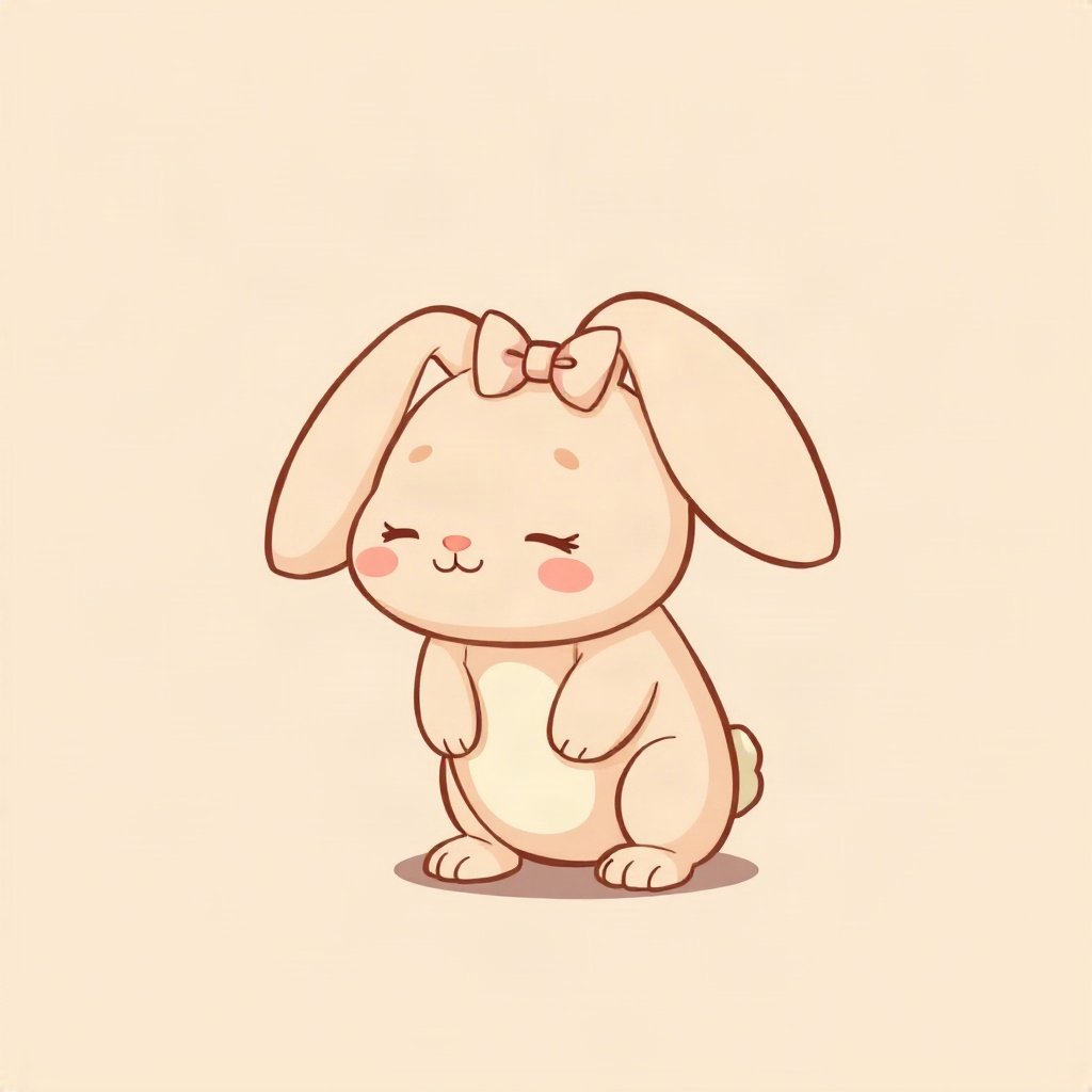 cutecore pfp — chubby bunny with floppy ears, peach and cream palette, tiny bow on head