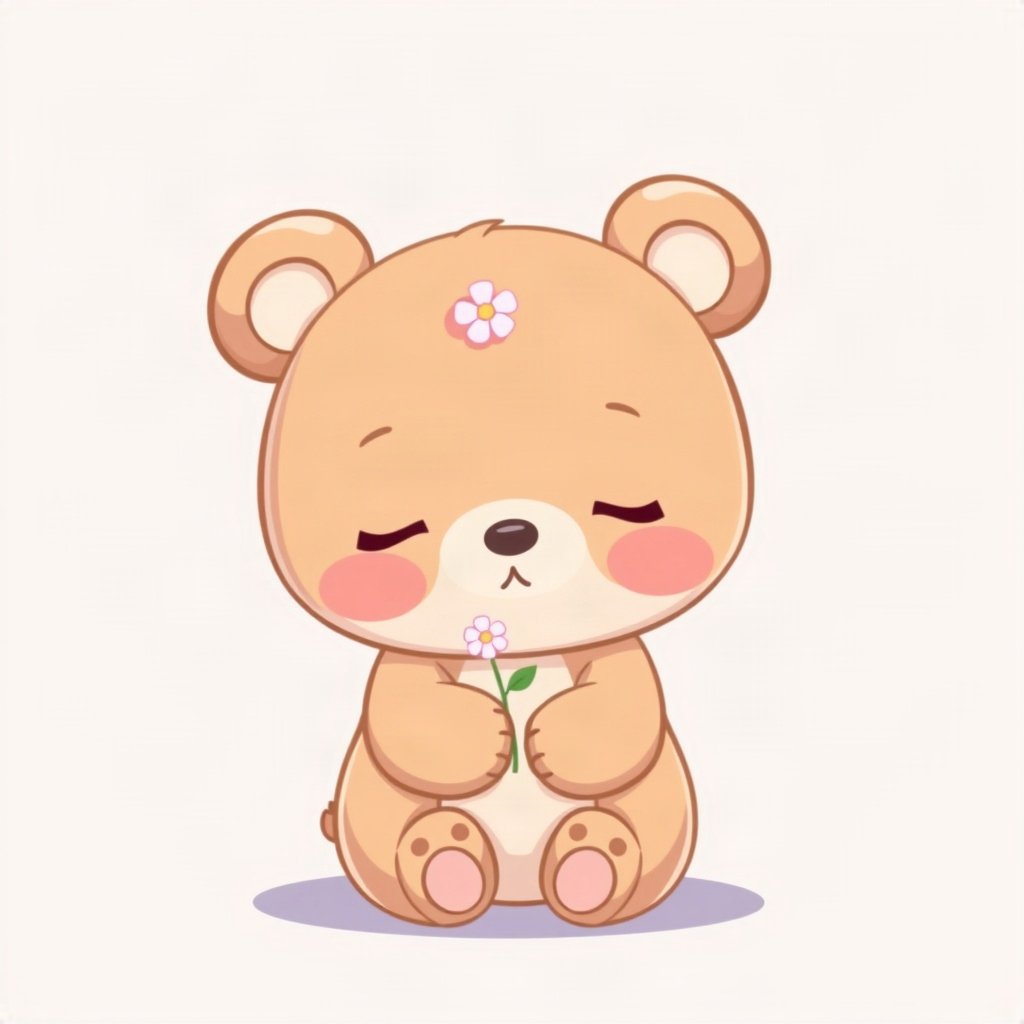 cutecore pfp — sleepy bear cub, lavender blush palette, tiny flower accessory