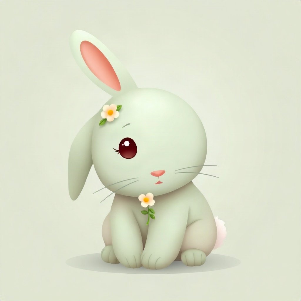 cutecore pfp — chubby bunny with floppy ears, sage green pastel palette, tiny flower accessory