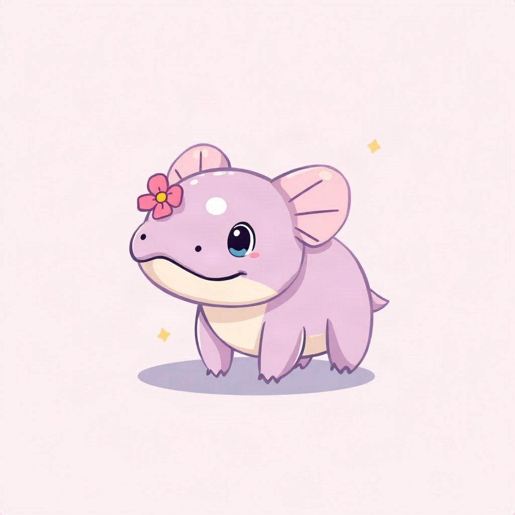 cutecore pfp — tiny axolotl, lavender blush palette, tiny flower accessory