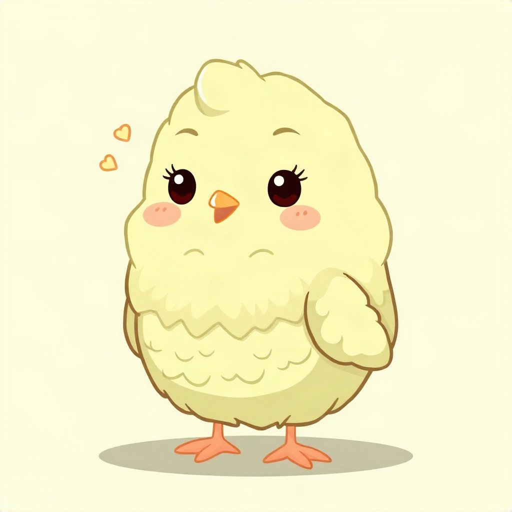 cutecore pfp — fluffy baby chick, sage green pastel palette, rosy blush cheeks