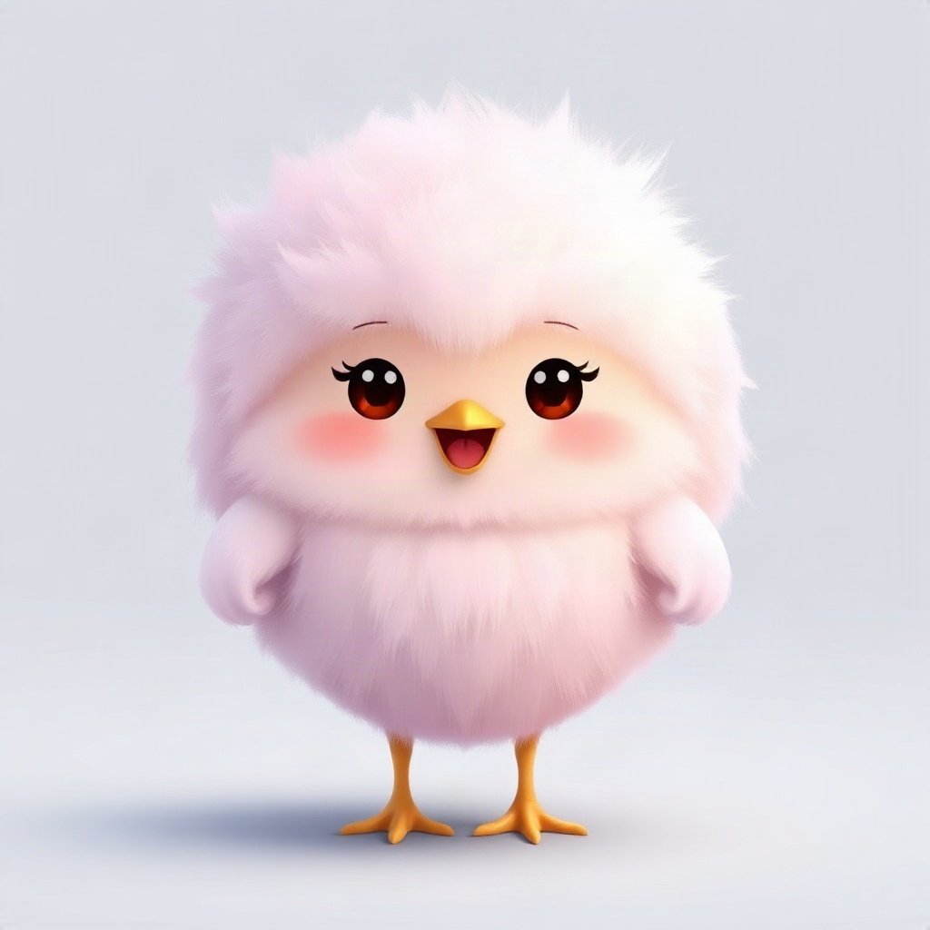 cutecore pfp — fluffy baby chick, lavender blush palette, tiny open-mouth smile