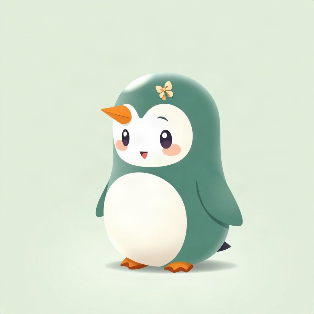 cutecore pfp — round penguin, sage green pastel palette, tiny bow on head