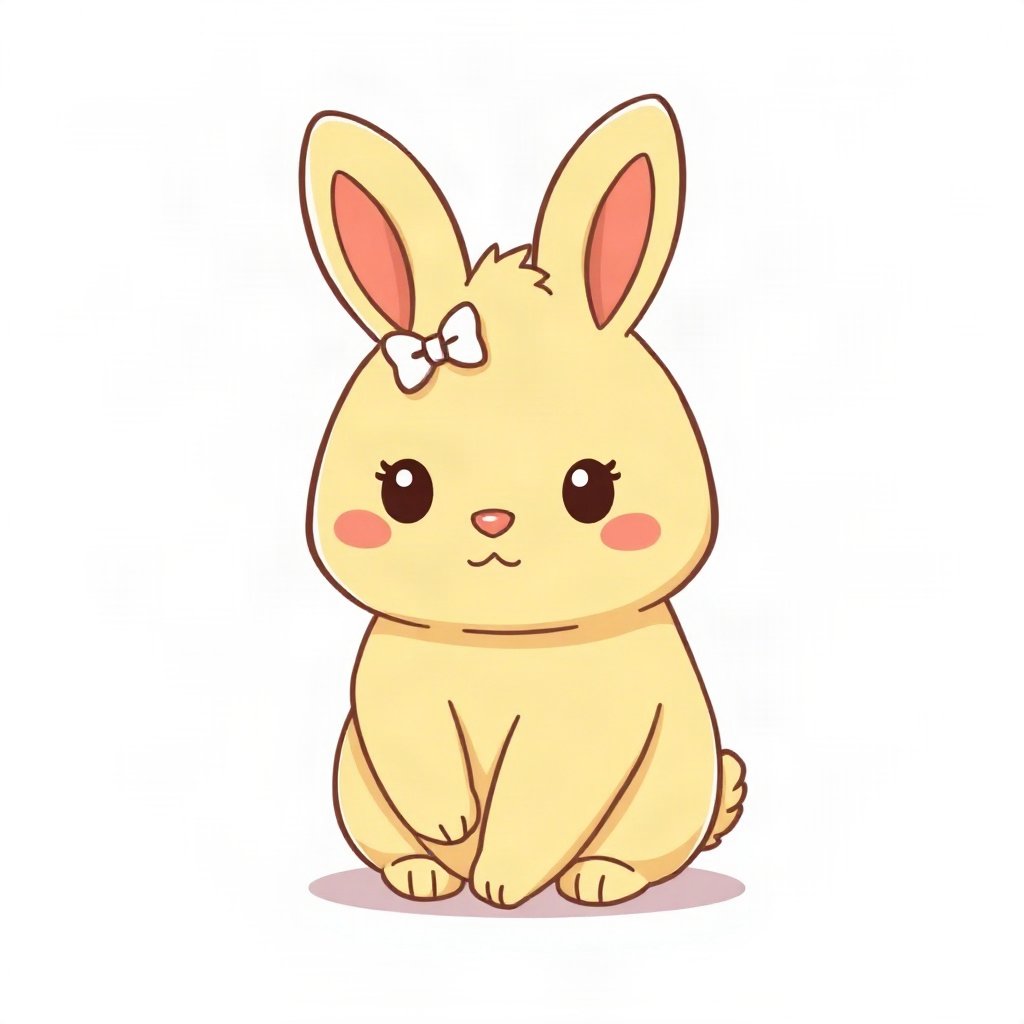 cutecore pfp — chubby bunny with floppy ears, butter yellow palette, tiny bow on head