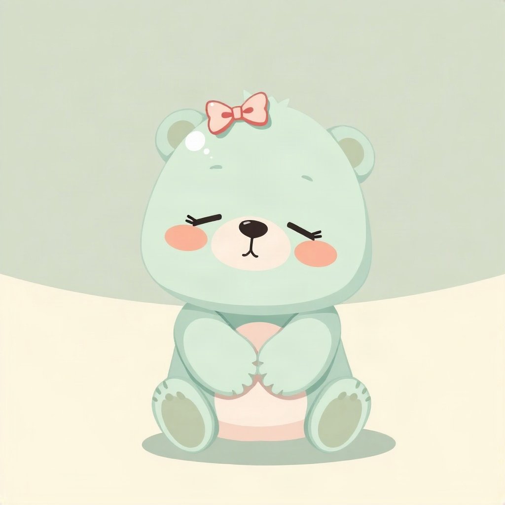 cutecore pfp — sleepy bear cub, mint and cream palette, tiny bow on head