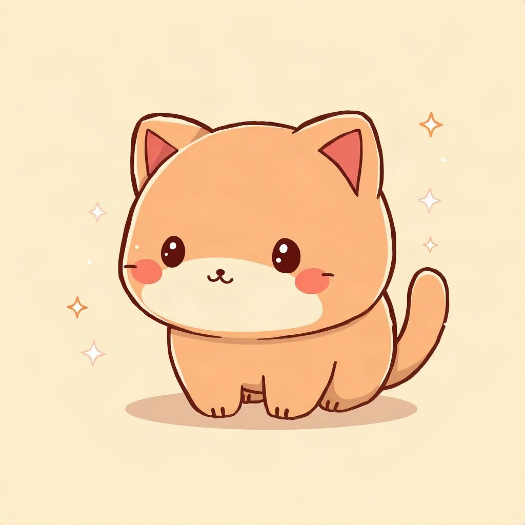 cutecore pfp — mochi-shaped kitten, peach and cream palette, small sparkles around