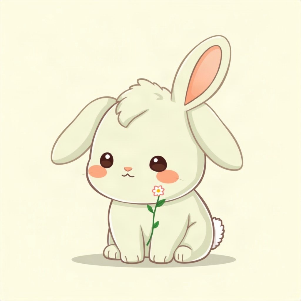 cutecore pfp — chubby bunny with floppy ears, sage green pastel palette, tiny flower accessory
