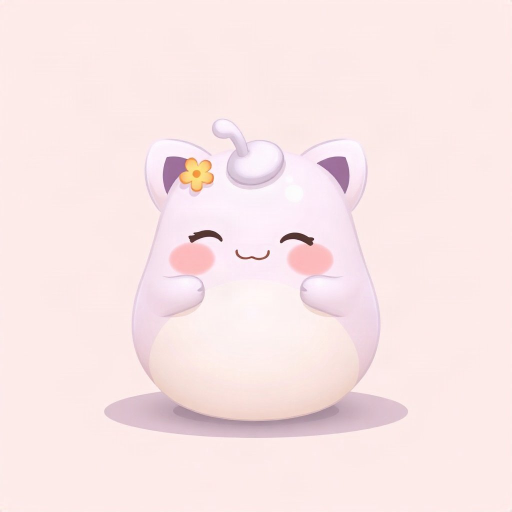 cutecore pfp — smiling dumpling creature, lavender blush palette, tiny flower accessory