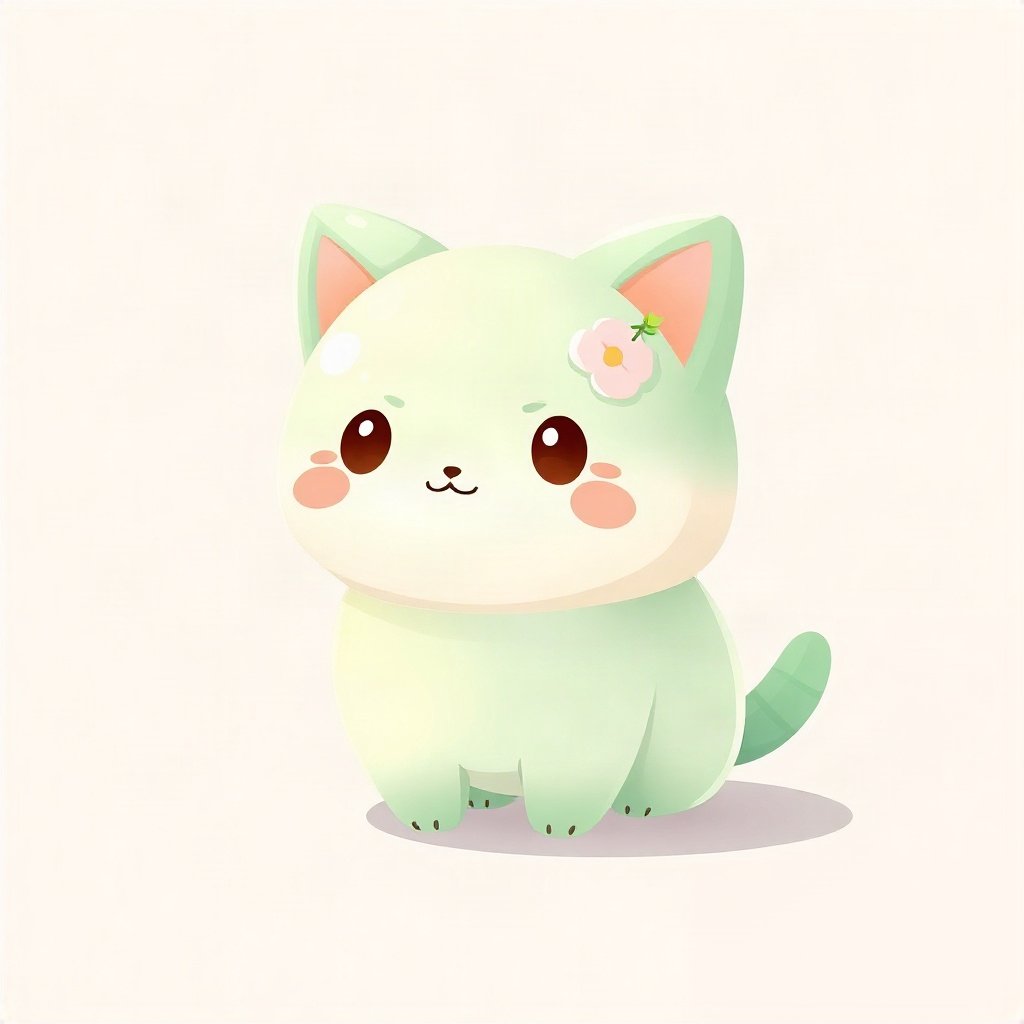 cutecore pfp — mochi-shaped kitten, mint and cream palette, tiny flower accessory