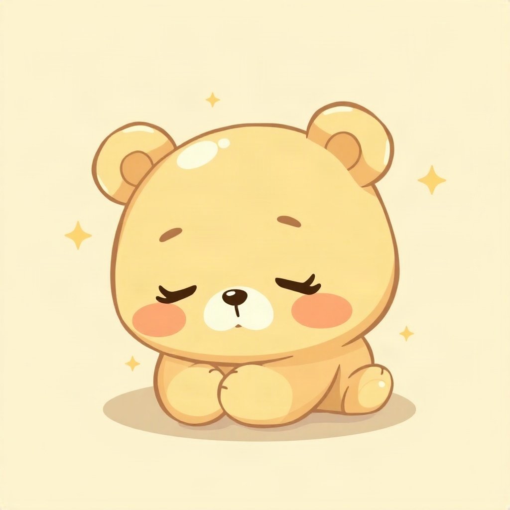cutecore pfp — sleepy bear cub, butter yellow palette, small sparkles around