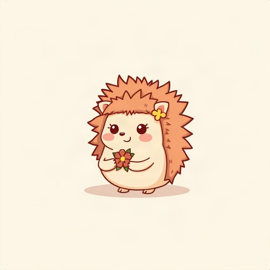 cutecore pfp — round hedgehog, peach and cream palette, tiny flower accessory
