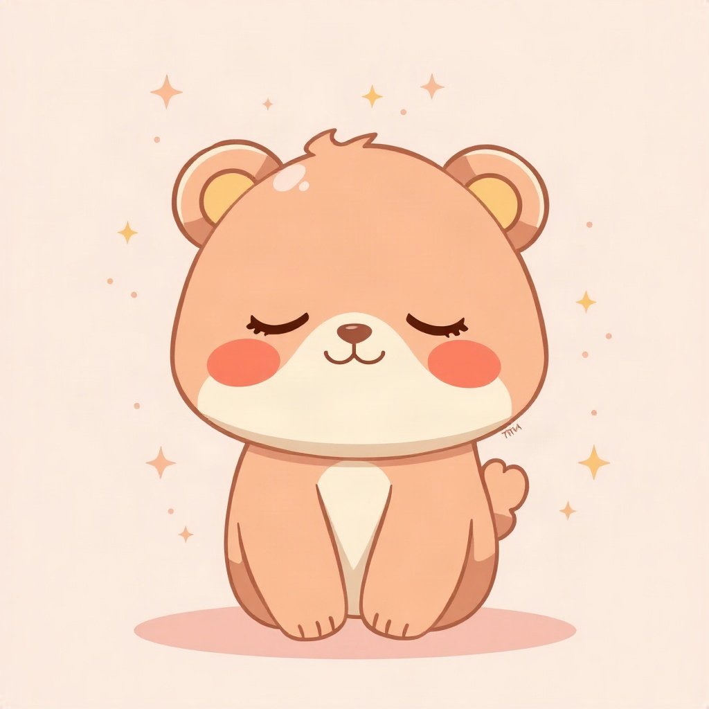 cutecore pfp — sleepy bear cub, peach and cream palette, small sparkles around