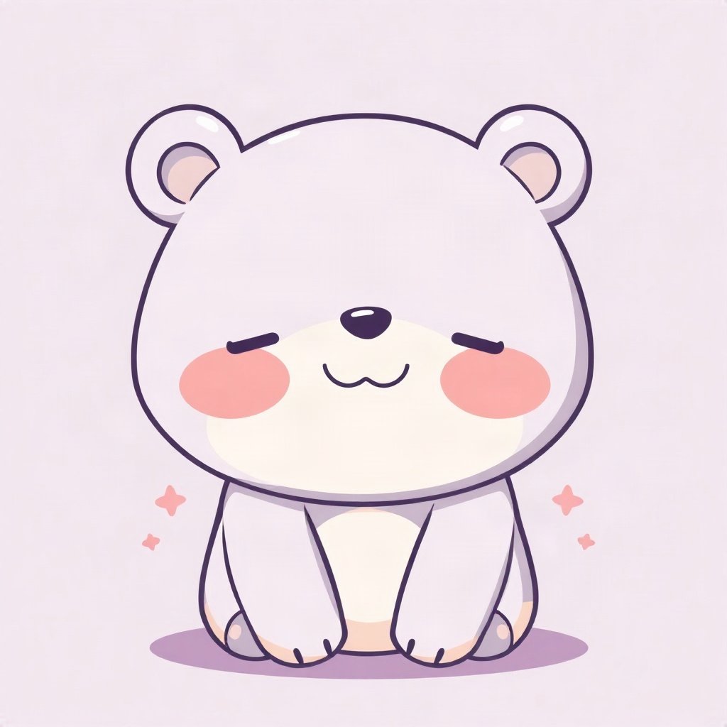 cutecore pfp — sleepy bear cub, lavender blush palette, tiny open-mouth smile