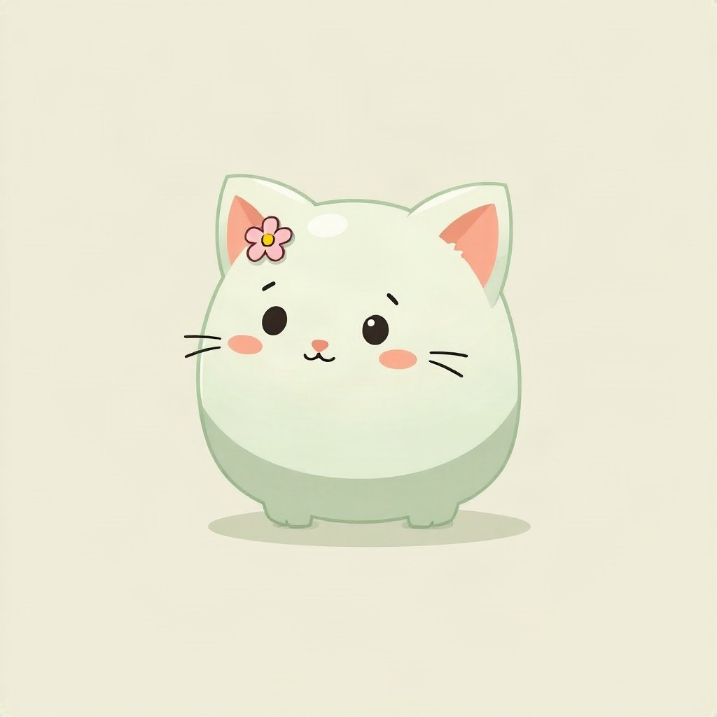 cutecore pfp — mochi-shaped kitten, sage green pastel palette, tiny flower accessory