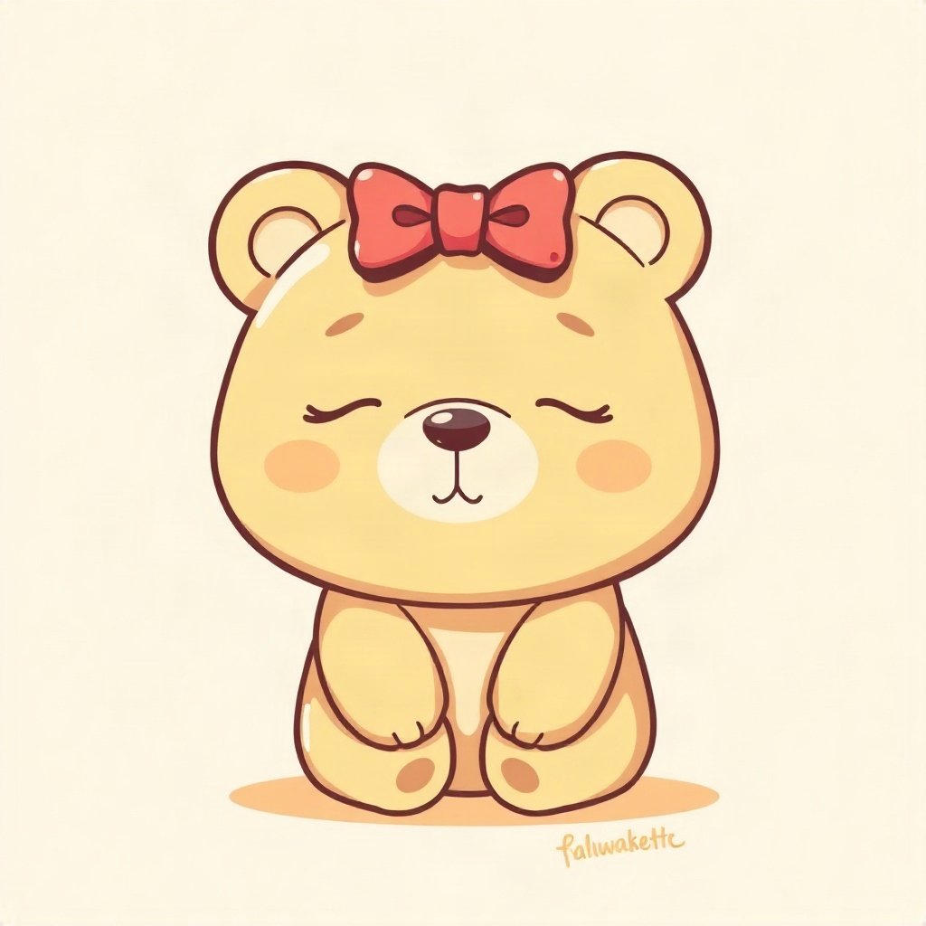 cutecore pfp — sleepy bear cub, butter yellow palette, tiny bow on head