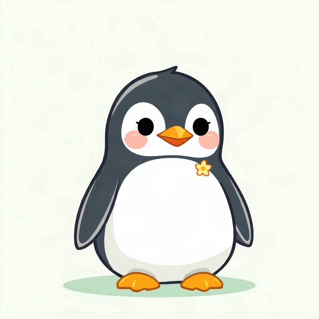 cutecore pfp — round penguin, sage green pastel palette, tiny flower accessory