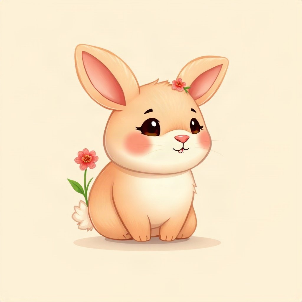 cutecore pfp — chubby bunny with floppy ears, peach and cream palette, tiny flower accessory