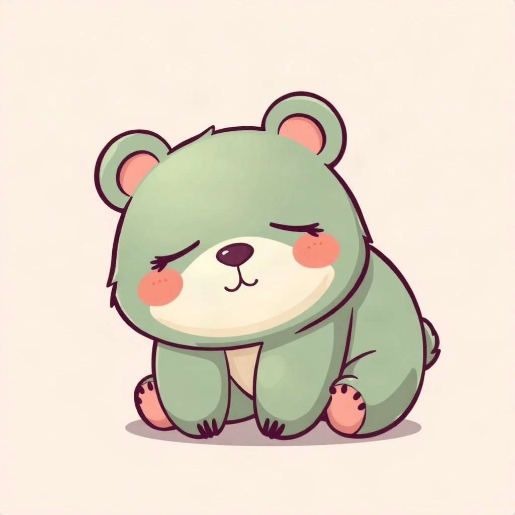 cutecore pfp — sleepy bear cub, sage green pastel palette, rosy blush cheeks