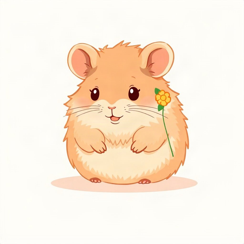 cutecore pfp — round fluffy hamster, peach and cream palette, tiny flower accessory