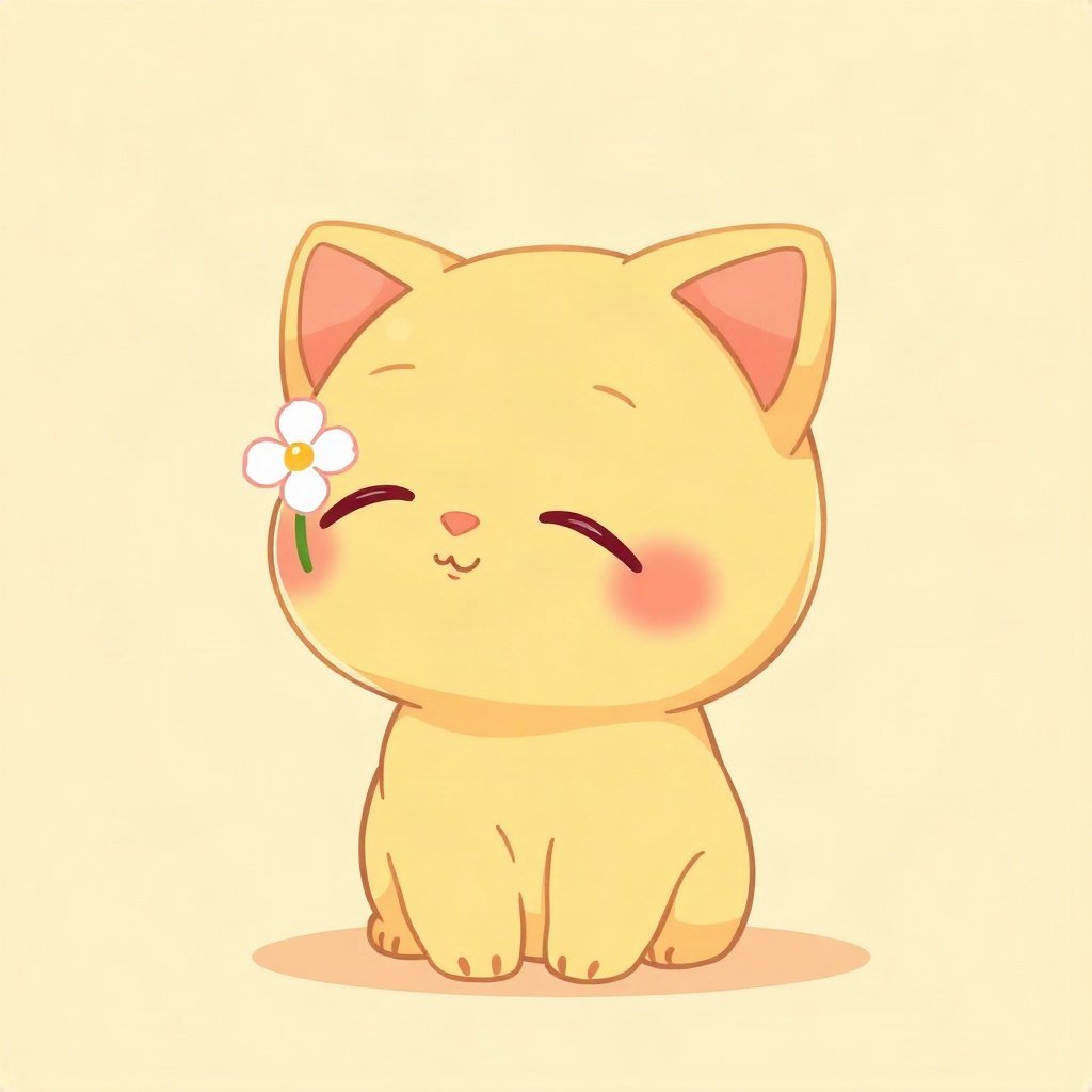 cutecore pfp — mochi-shaped kitten, butter yellow palette, tiny flower accessory