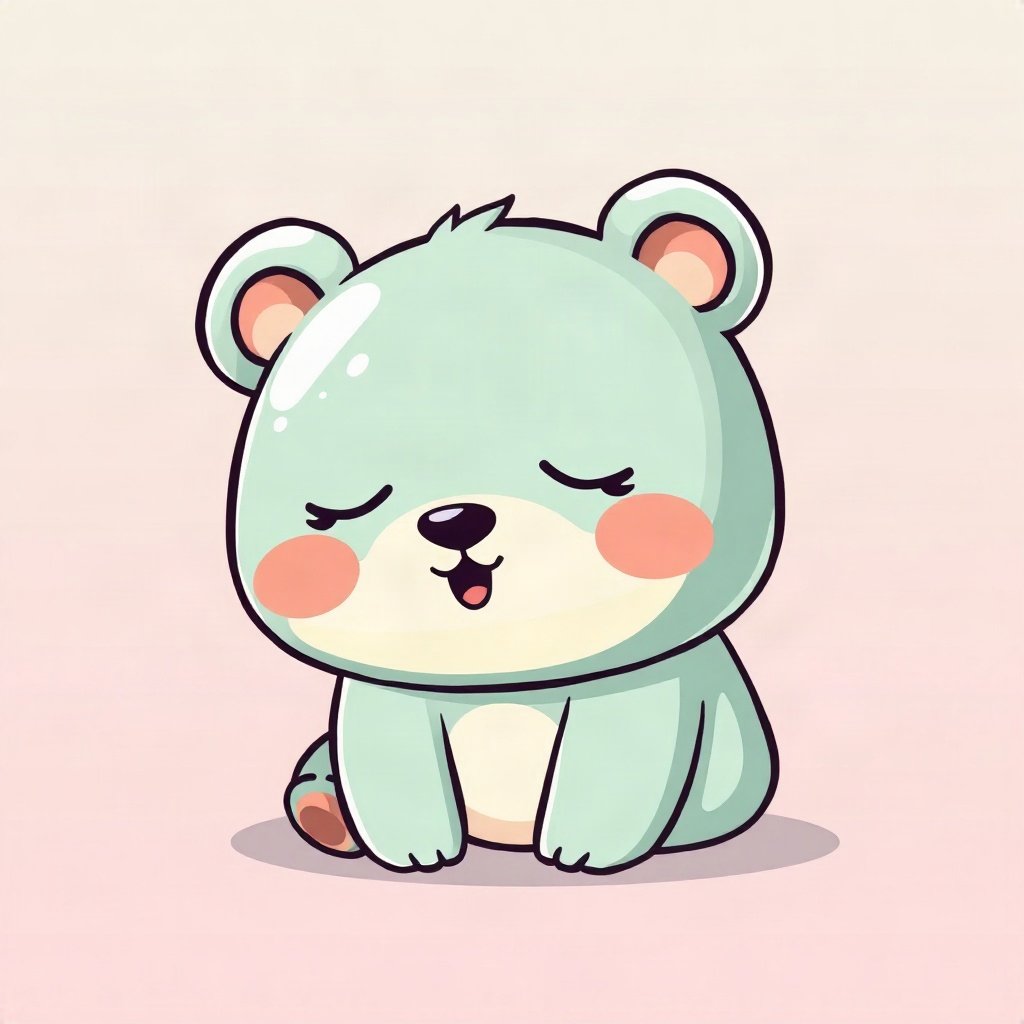 cutecore pfp — sleepy bear cub, mint and cream palette, tiny open-mouth smile