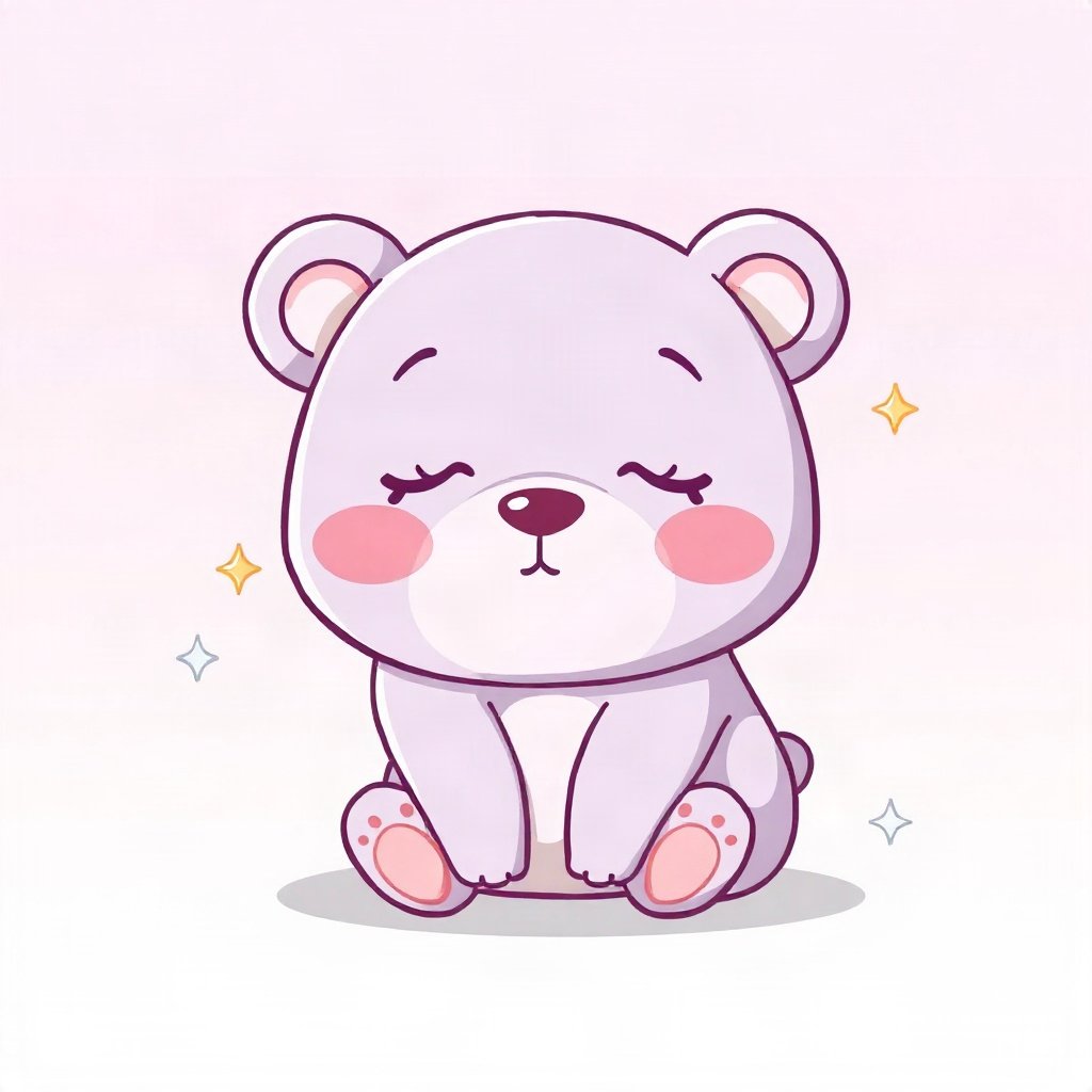cutecore pfp — sleepy bear cub, lavender blush palette, small sparkles around