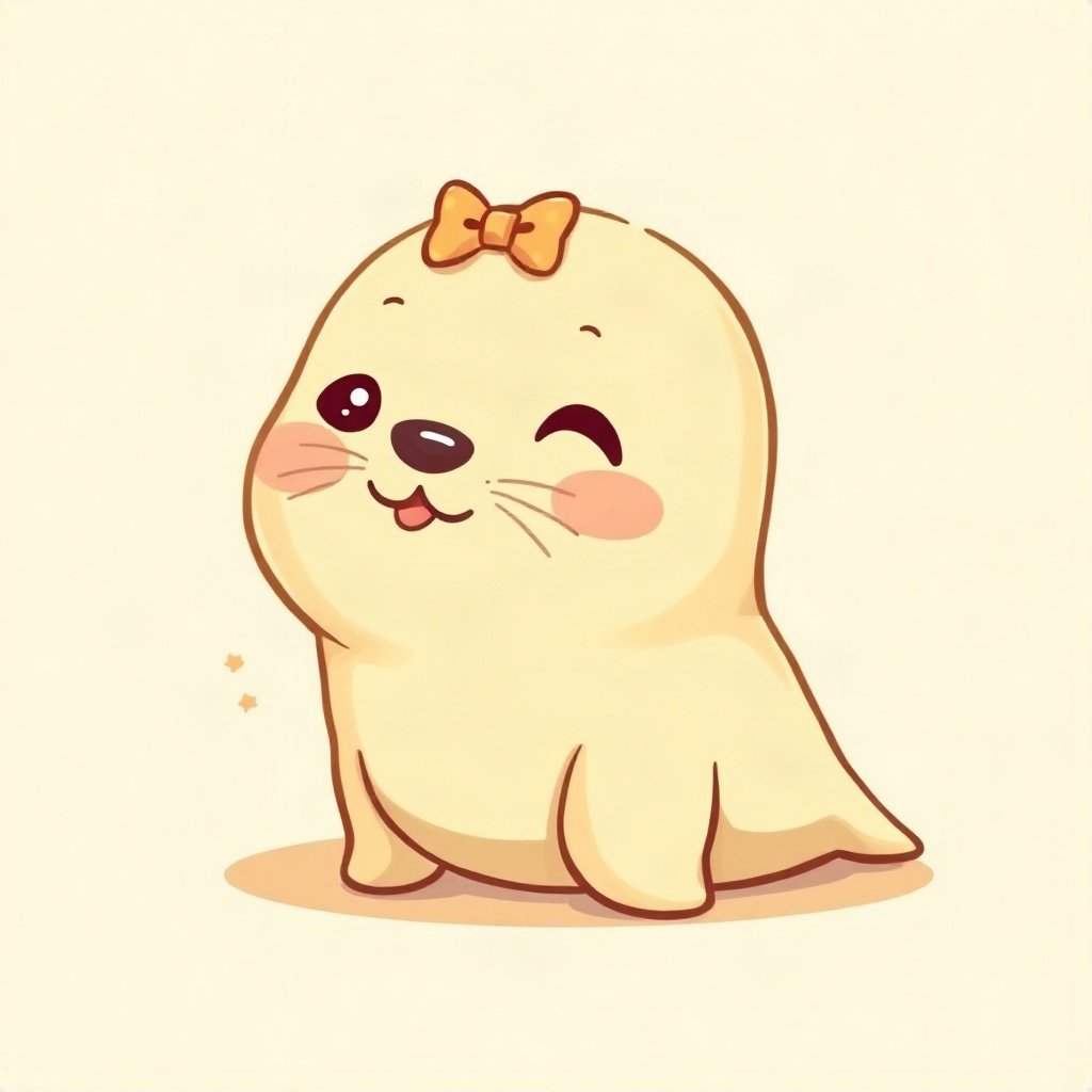 cutecore pfp — happy seal pup, butter yellow palette, tiny bow on head