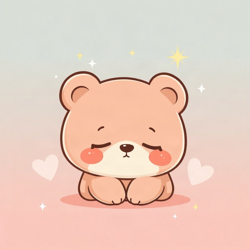 cutecore pfp — sleepy bear cub, peach and cream palette, small sparkles around