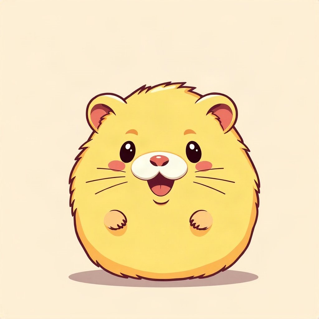 cutecore pfp — round fluffy hamster, butter yellow palette, tiny open-mouth smile