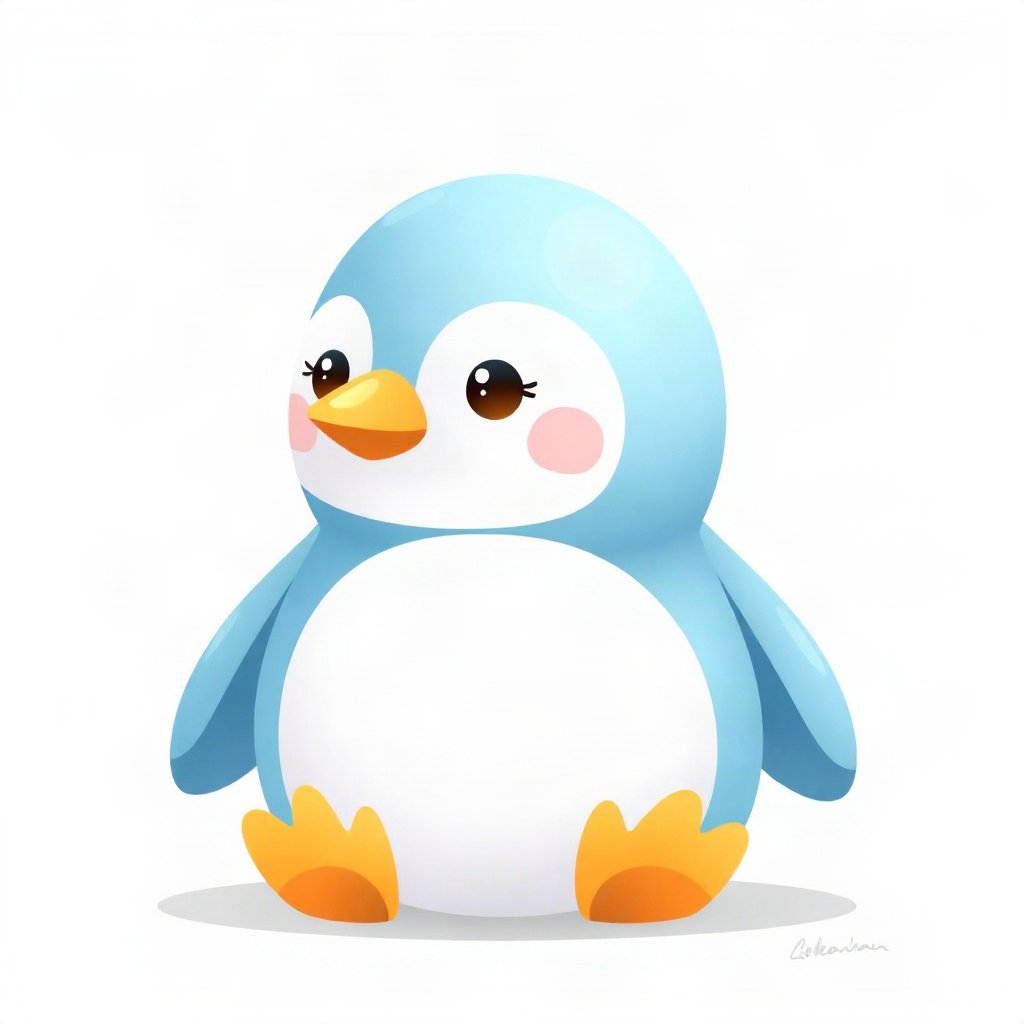 cutecore pfp — round penguin, soft sky blue palette, tiny flower accessory