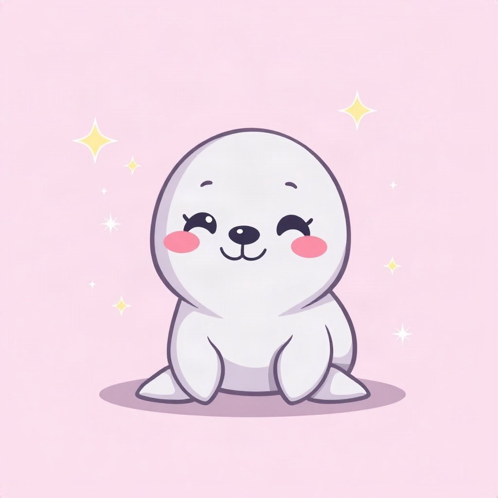 cutecore pfp — happy seal pup, lavender blush palette, small sparkles around