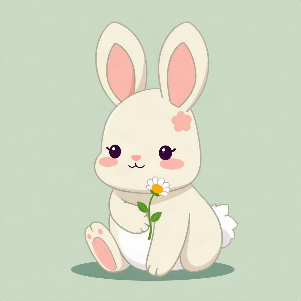 cutecore pfp — chubby bunny with floppy ears, sage green pastel palette, tiny flower accessory