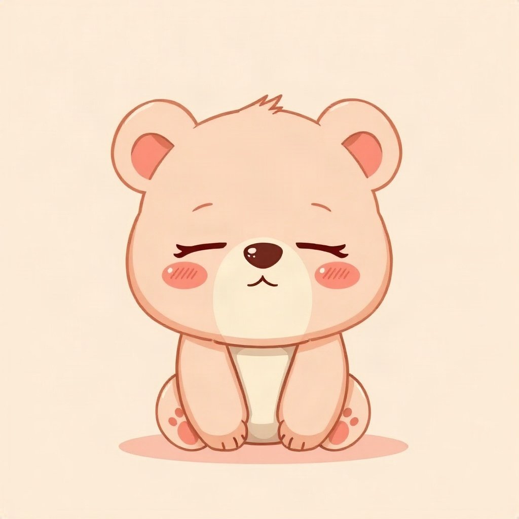 cutecore pfp — sleepy bear cub, peach and cream palette, rosy blush cheeks