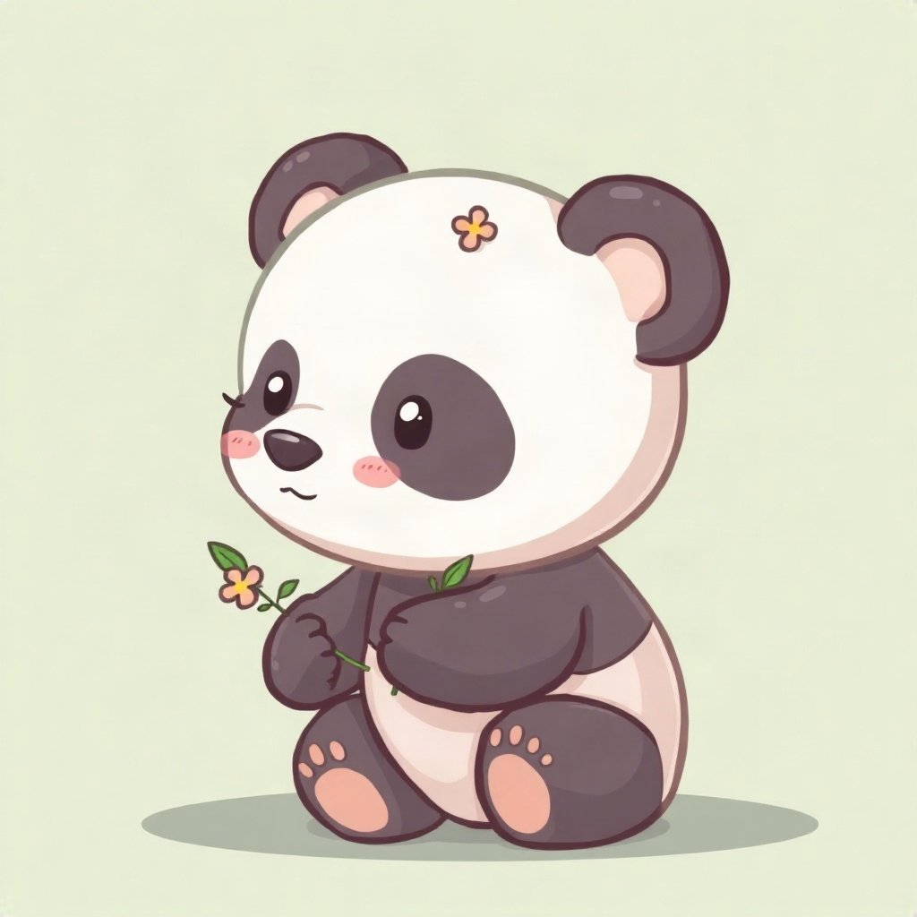 cutecore pfp — baby panda, sage green pastel palette, tiny flower accessory