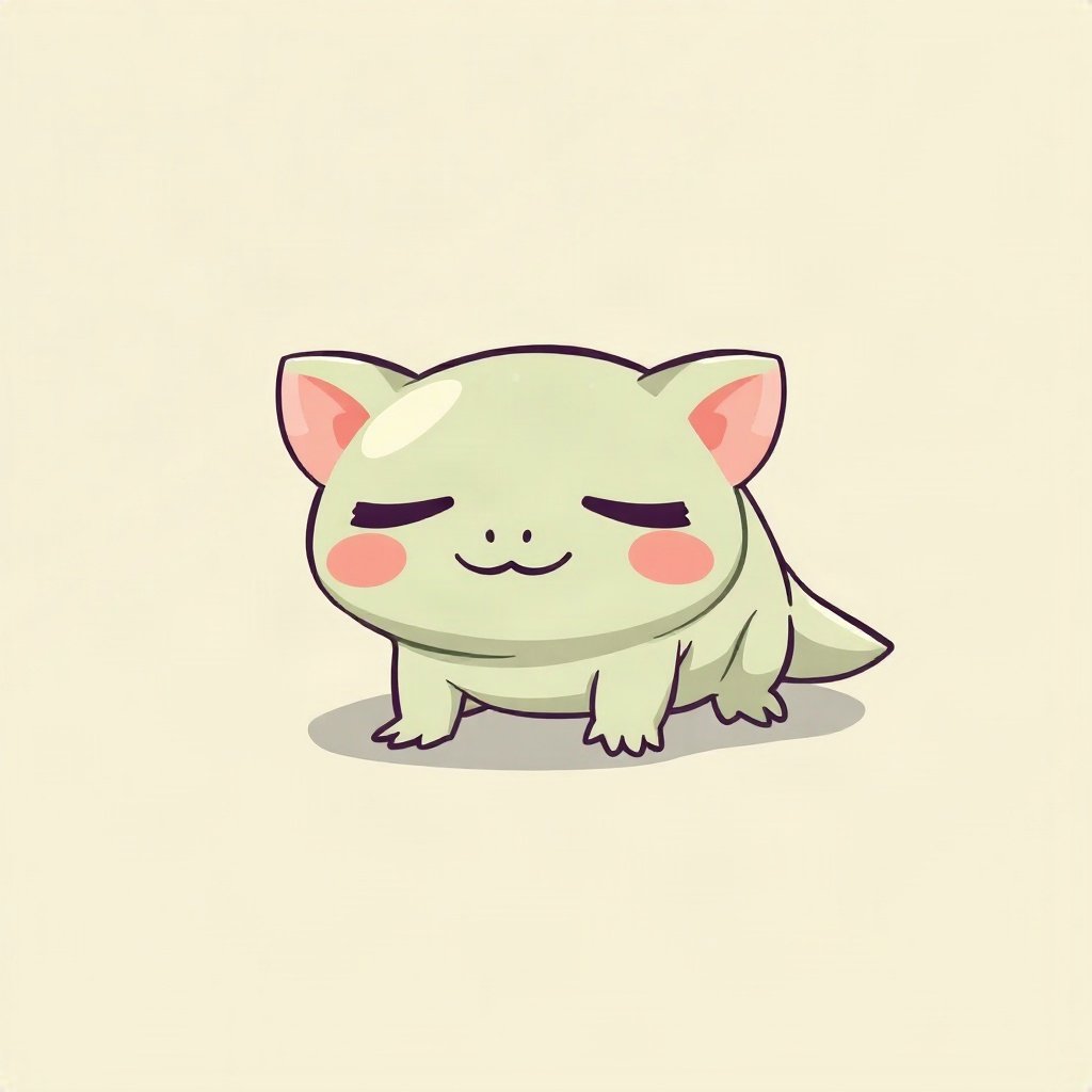 cutecore pfp — tiny axolotl, sage green pastel palette, closed happy eyes
