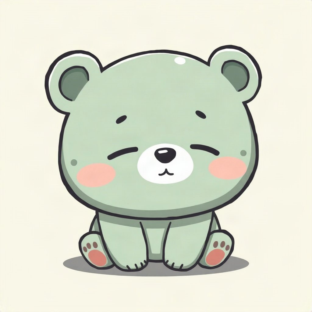 cutecore pfp — sleepy bear cub, sage green pastel palette, tiny open-mouth smile