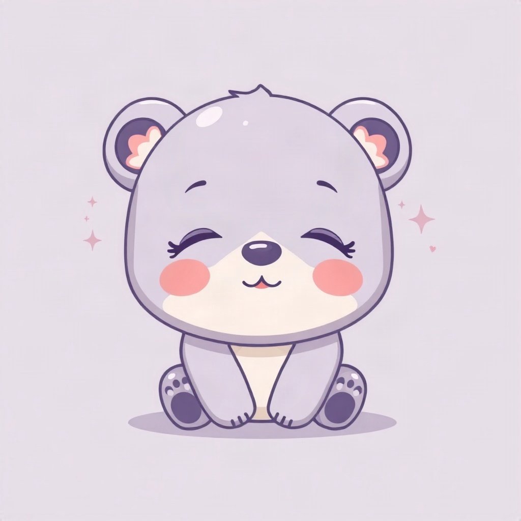 cutecore pfp — sleepy bear cub, lavender blush palette, tiny open-mouth smile
