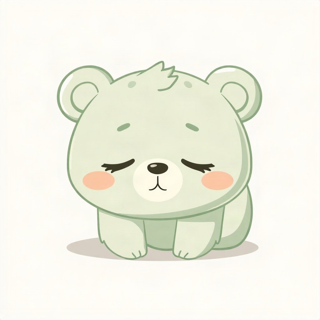 cutecore pfp — sleepy bear cub, sage green pastel palette, closed happy eyes