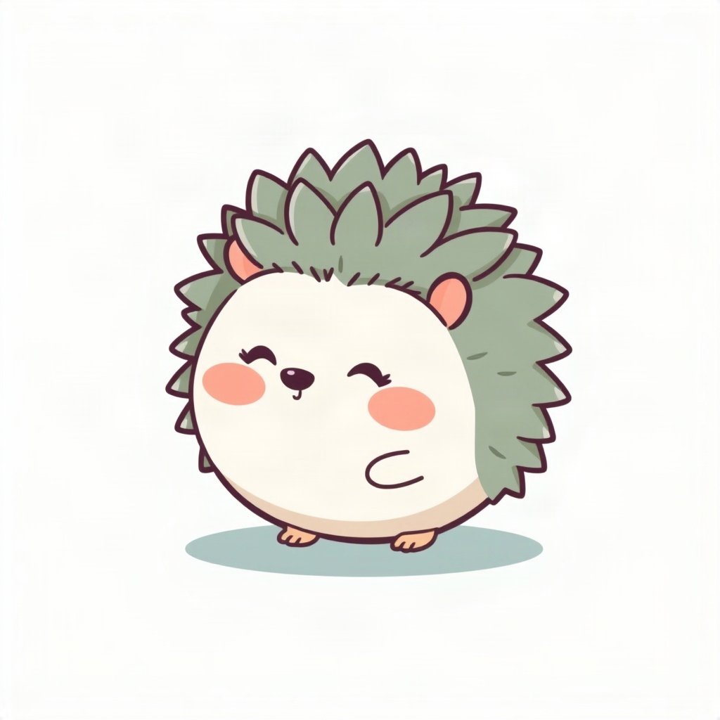 cutecore pfp — round hedgehog, sage green pastel palette, rosy blush cheeks