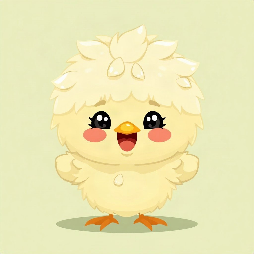 cutecore pfp — fluffy baby chick, sage green pastel palette, tiny open-mouth smile