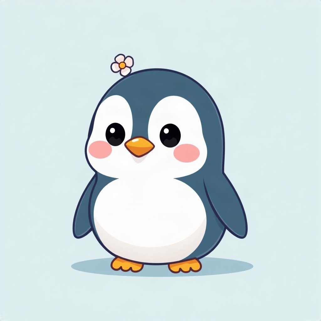 cutecore pfp — round penguin, soft sky blue palette, tiny flower accessory