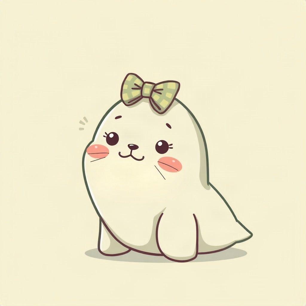 cutecore pfp — happy seal pup, sage green pastel palette, tiny bow on head