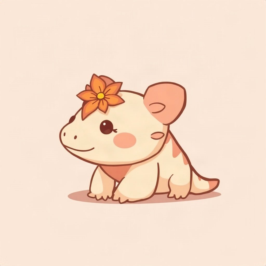 cutecore pfp — tiny axolotl, peach and cream palette, tiny flower accessory